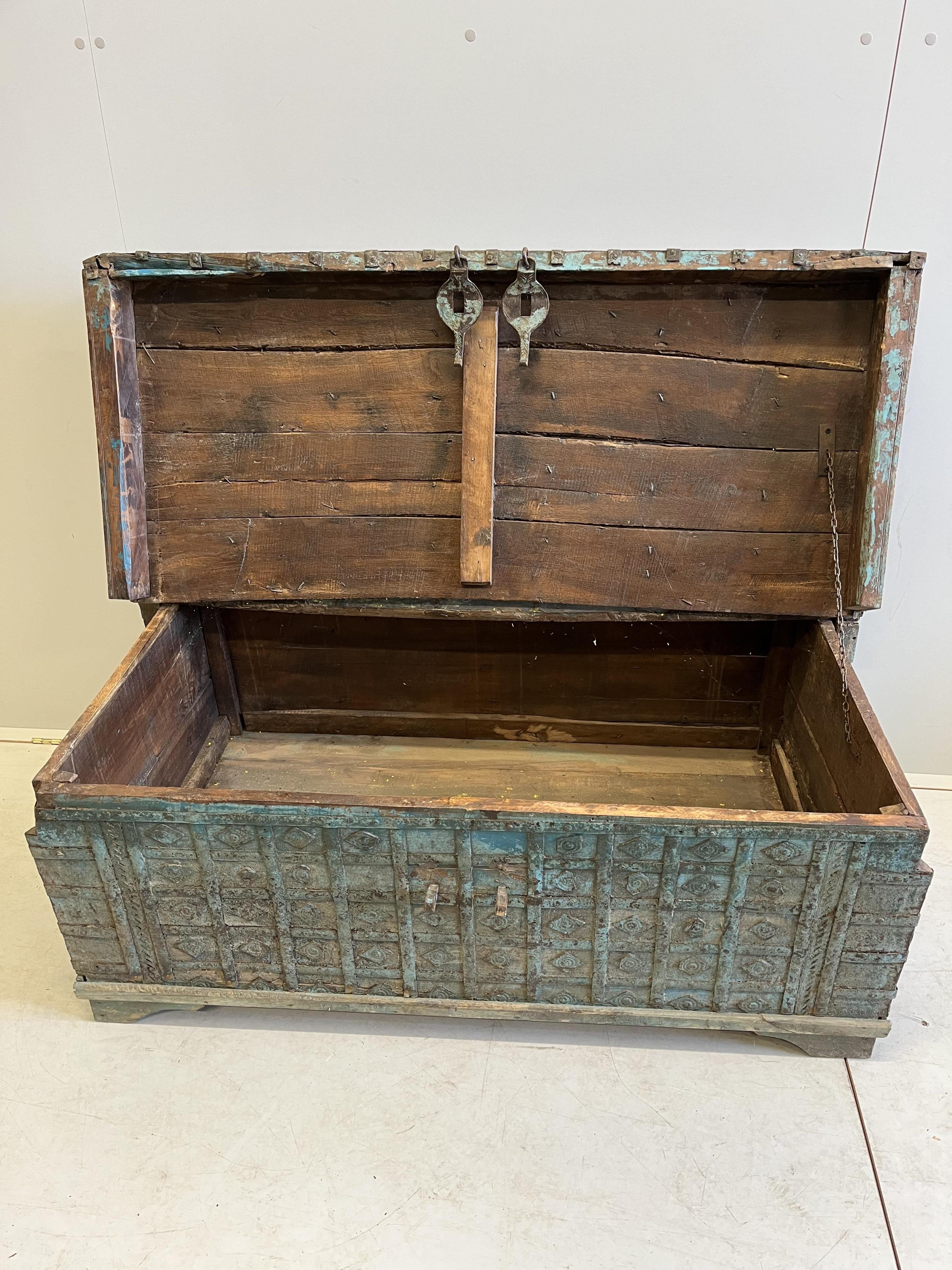 An Indian iron bound hardwood trunk, width 128cm, depth 73cm, height 48cm